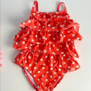 Baby Boden Polka Dot Ruffle Kids Swimsuit - Coral 12-18 months